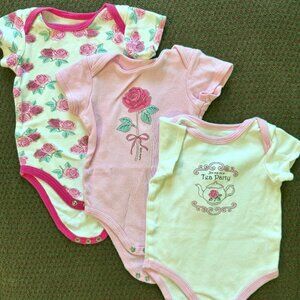 Girls 6-9 Months Set of (3) Short Sleeve Rose Tea Party Bodysuits HB